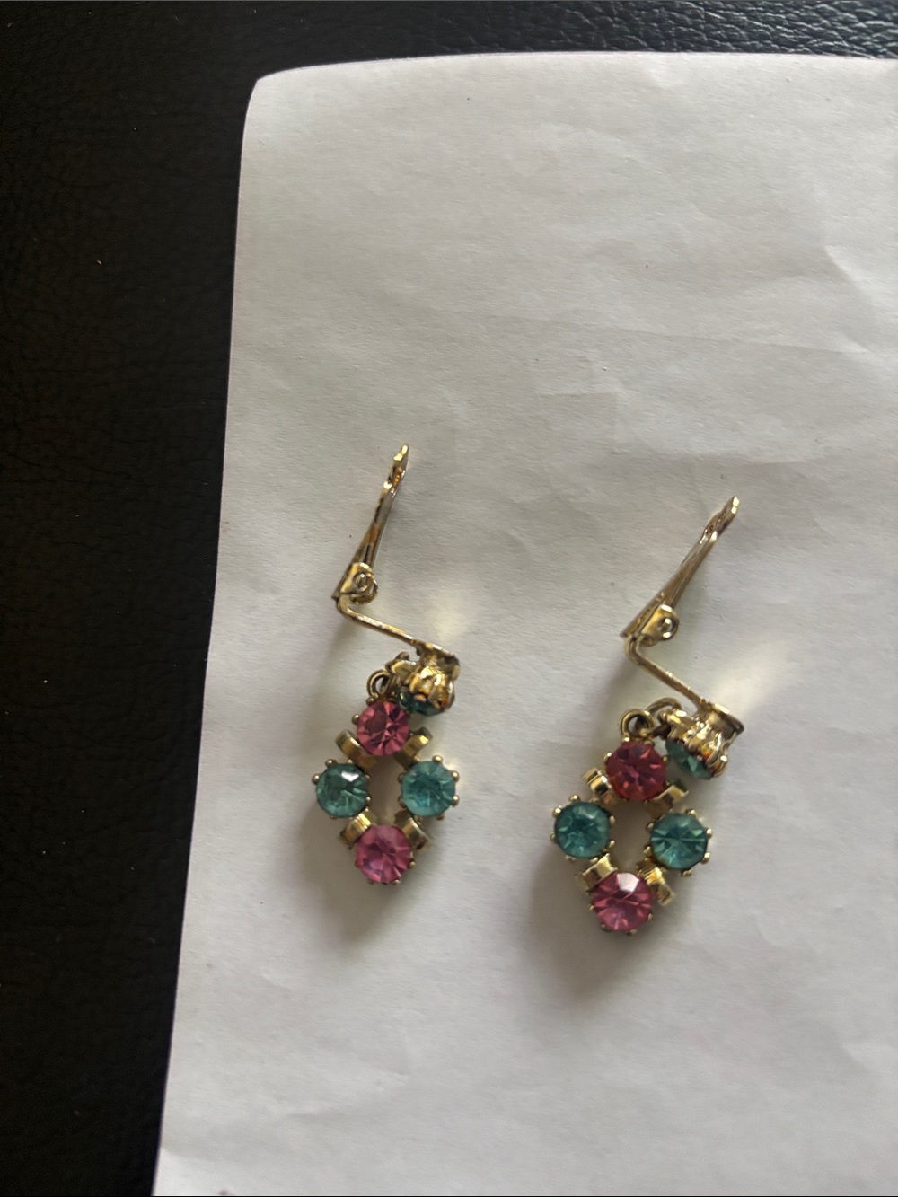 Gold Drop Earrings with Pink and Teal Crystal Accents